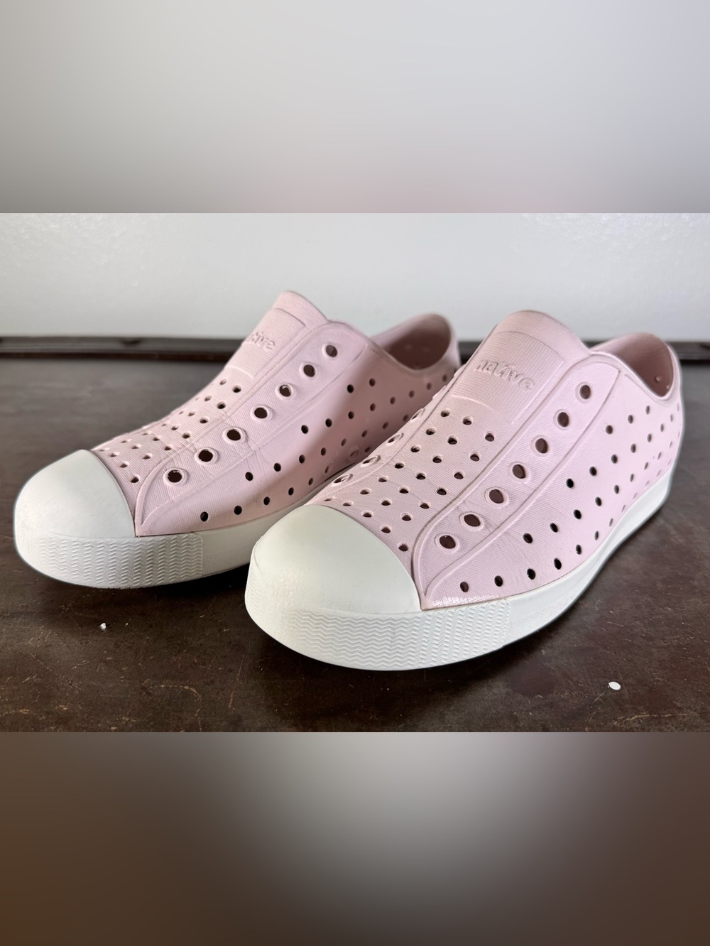 Native Jefferson Slip-On Sneakers in Pale Pink with White Toe Cap